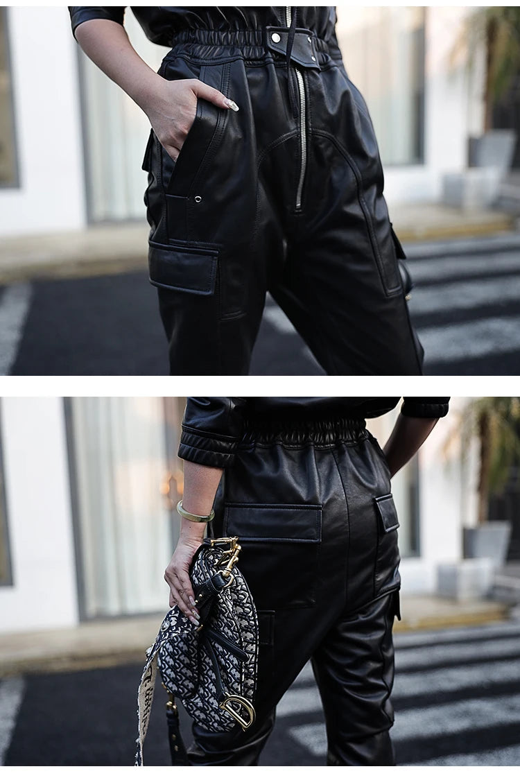Black Faux Leather Cargo Jumpsuit - Luxury Long Sleeve Zip-Up Romper