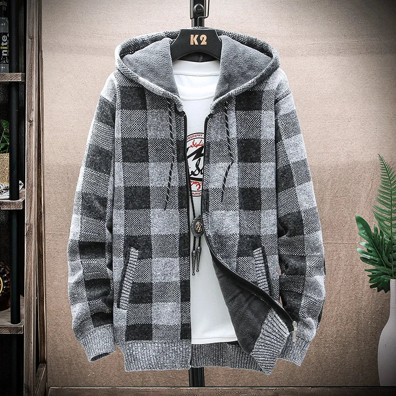 Men’s Winter Plaid Fleece-Lined Hooded Cardigan Jacket