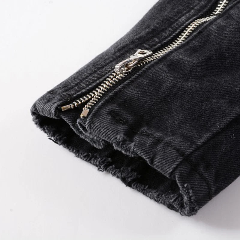 Men's Black Biker Slim Fit Denim Jacket with Belt - Streetwear Moto Style