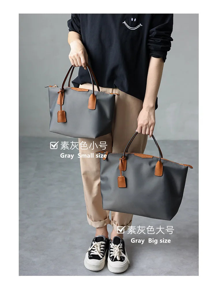 Zipper Tote Bags For Women Nylon With Real Leather Handbag High Quality Single Shoulder Bag