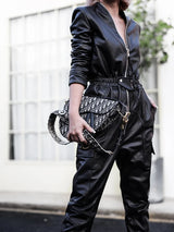 Black Faux Leather Cargo Jumpsuit - Luxury Long Sleeve Zip-Up Romper