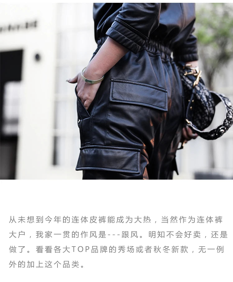 Black Faux Leather Cargo Jumpsuit - Luxury Long Sleeve Zip-Up Romper