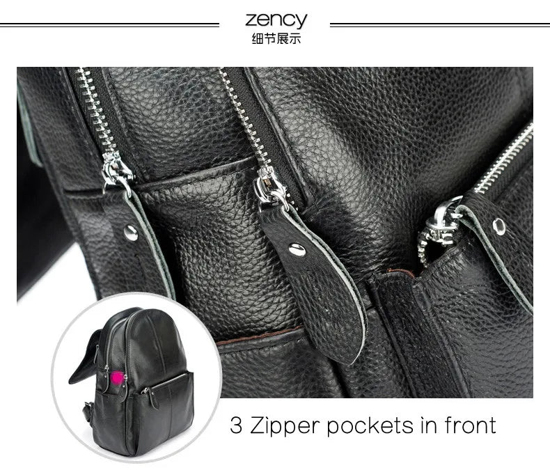 Zency Stylish White Black Genuine Leather Women Backpack A++ Quality Anti-theft Large Capacity Knapsack Travel Designer Rucksack