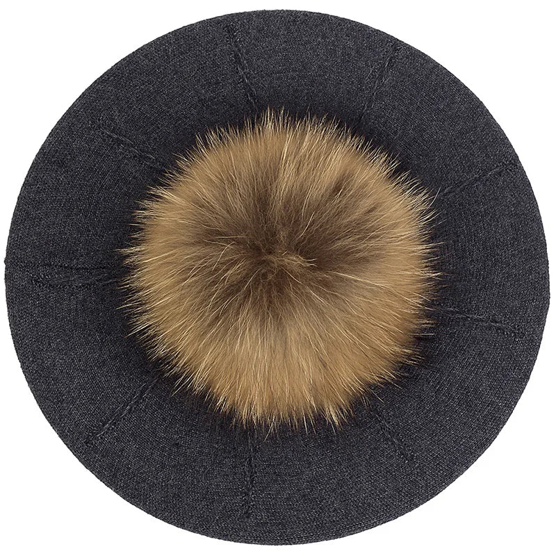 Women's Knit Beret with Oversized Pom Pom | Geebro