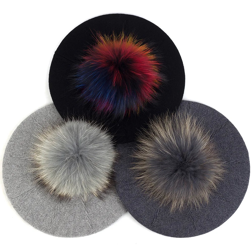 Women's Knit Beret with Oversized Pom Pom | Geebro