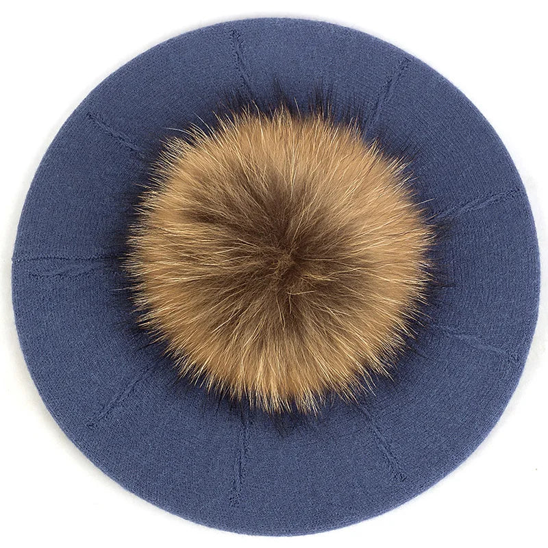 Women's Knit Beret with Oversized Pom Pom | Geebro