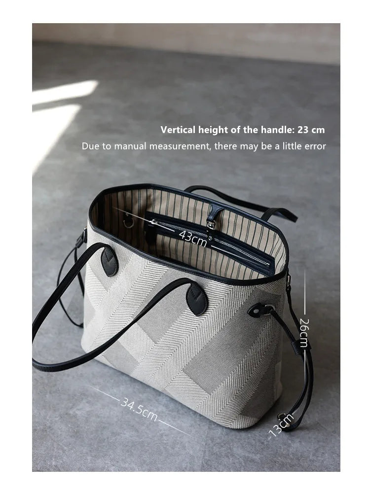 Women's Fashion Shoulder Bag Luxury Designer Handbag Large Capacity Canvas With Genuine Leather Tote For Shopping,Commuting,Work