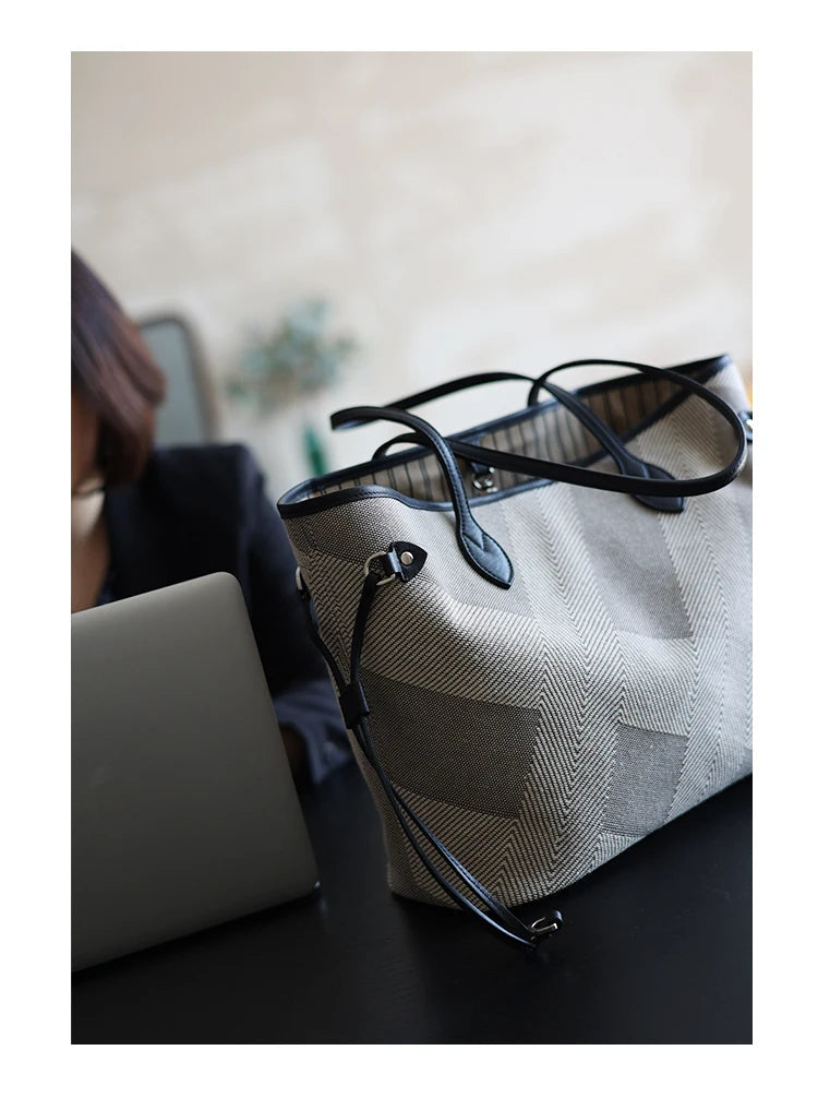 Women's Fashion Shoulder Bag Luxury Designer Handbag Large Capacity Canvas With Genuine Leather Tote For Shopping,Commuting,Work