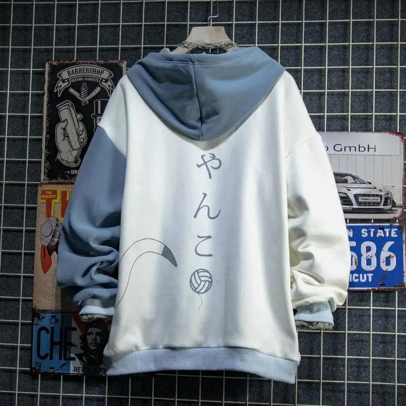 Japanese Style Cat Print Patchwork Hoodie