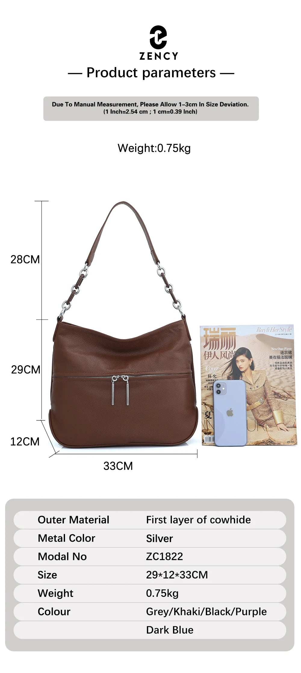 Zency Soft Cowhide Leather Winter Women's Shoulder Bag Casual Commuter High Capacity Female Crossbody Handbag Vintage Shopper