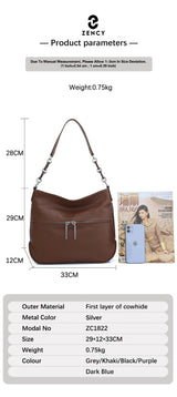 Zency Soft Cowhide Leather Winter Women's Shoulder Bag Casual Commuter High Capacity Female Crossbody Handbag Vintage Shopper