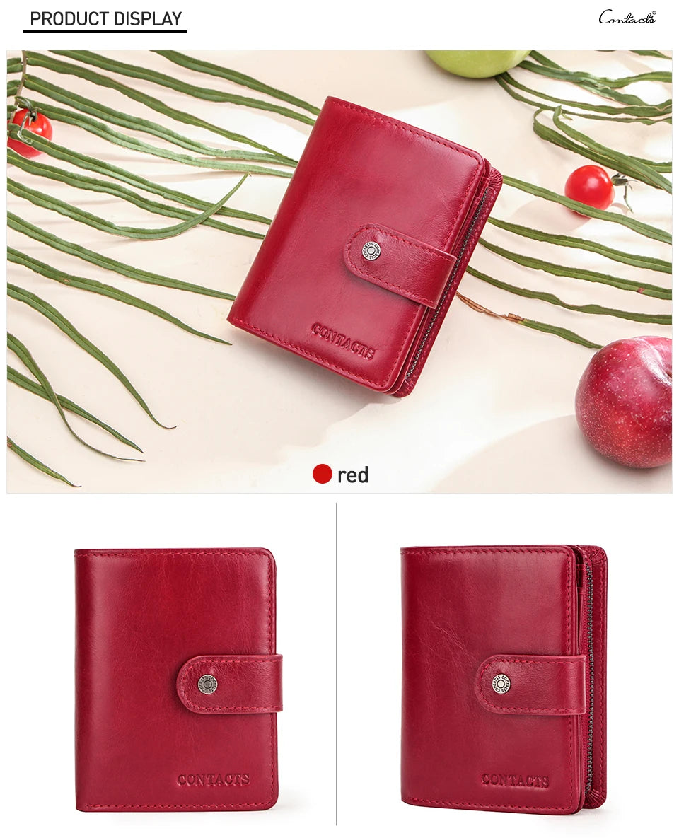 Contact'S Genuine Leather Wallets Women Men Wallet Short Small RFID Blocking Card Holder Wallets Ladies Red Coin Purse