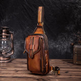Hot Sell Men Genuine Bull Leather Vintage Coffee Triangle Chest Sling Bag Design Travel Daypack One Shoulder Crossbody Bag XB571