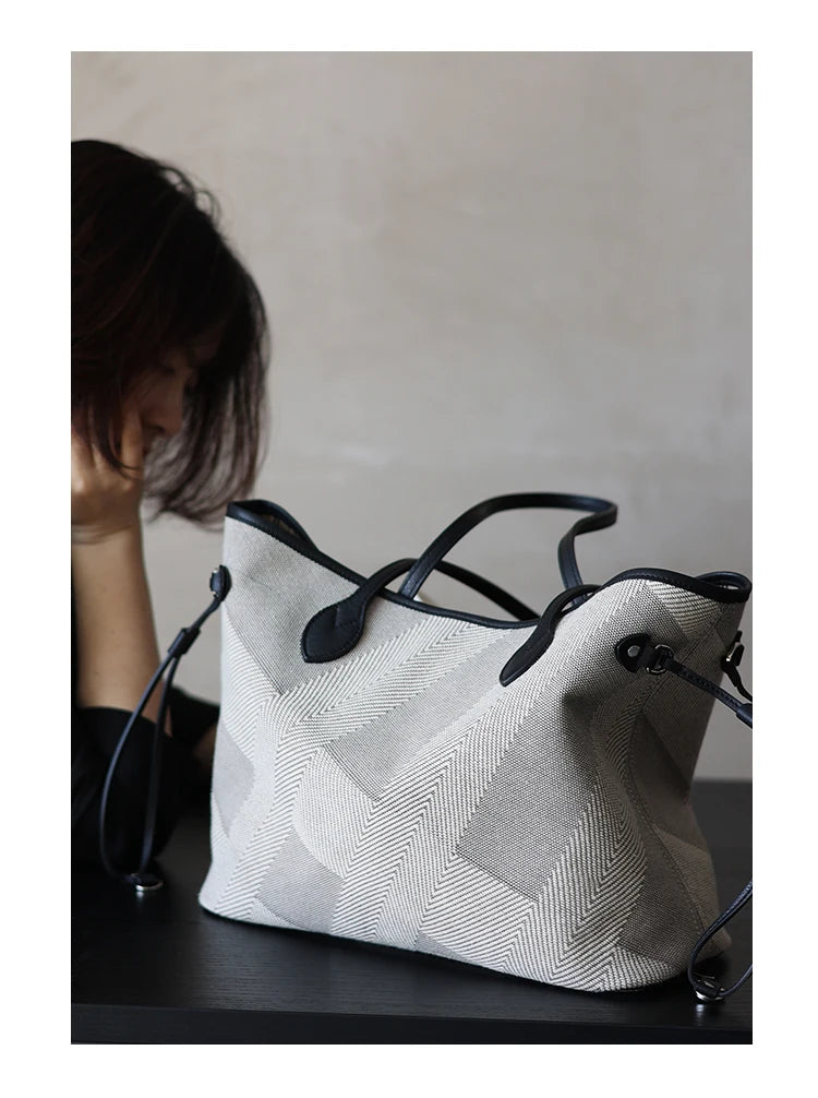 Women's Fashion Shoulder Bag Luxury Designer Handbag Large Capacity Canvas With Genuine Leather Tote For Shopping,Commuting,Work