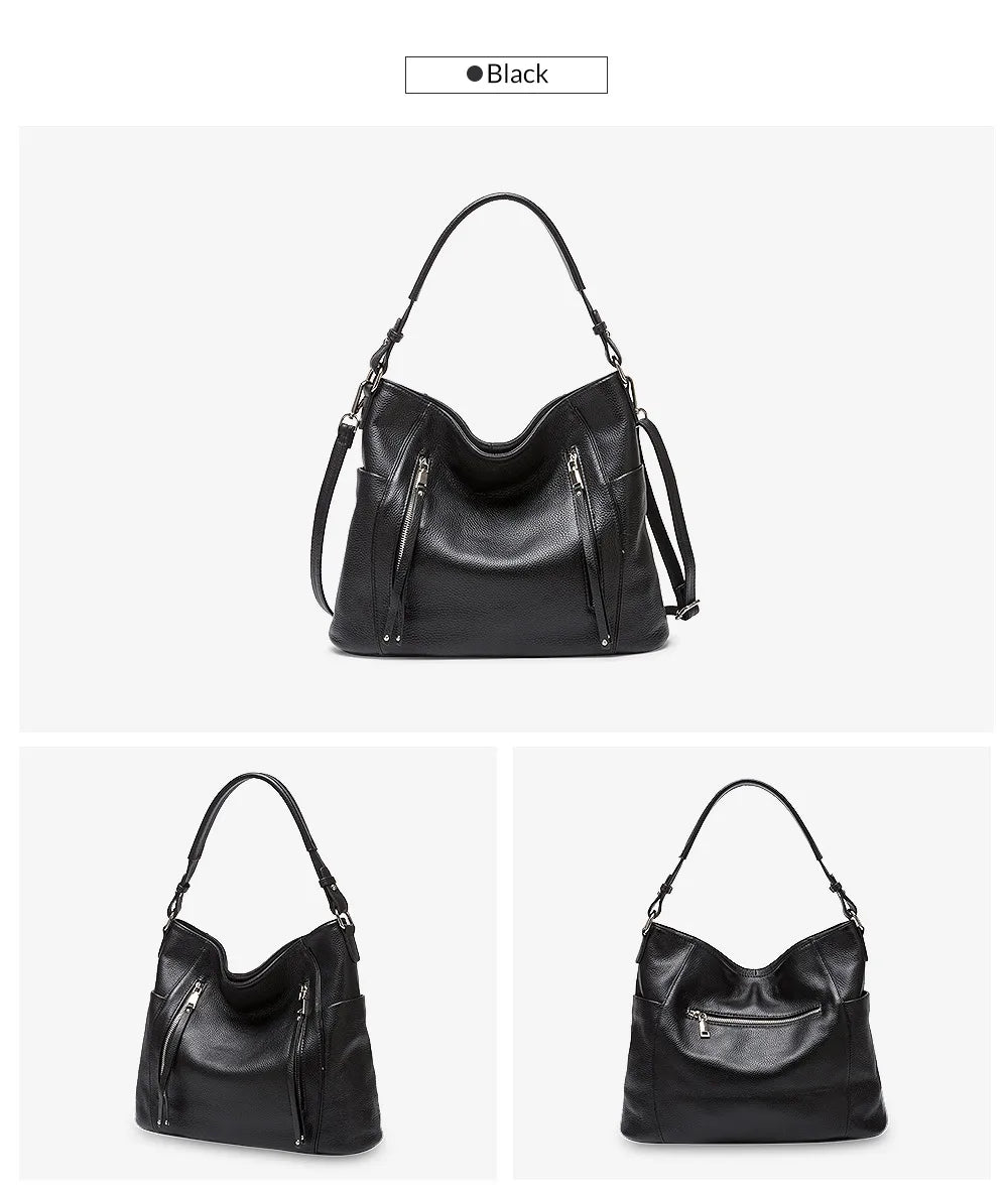 ZENCY New Handbag Luxury Genuine Leather Bag for Women Shoulder Tote Crossbody Double Zipper Pocket Charming Red Hobo Bag