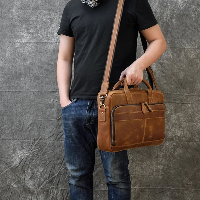 Men Briefcase Genuine Leather Laptop Bag 14 15.6" PC Doctor Lawyer Computer Bag Cowhide Male Briefcase Leather Men Business Bag