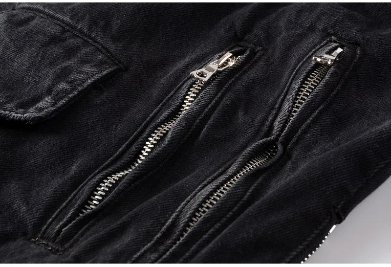 Men's Black Biker Slim Fit Denim Jacket with Belt - Streetwear Moto Style
