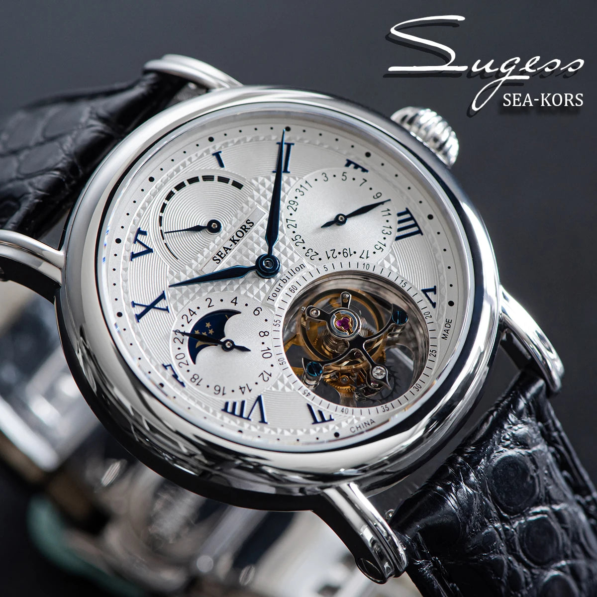 SUGESS 40mm Tourbillon Moonphase Watch | Seagull ST8007
