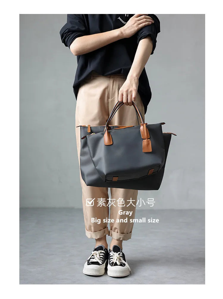 Zipper Tote Bags For Women Nylon With Real Leather Handbag High Quality Single Shoulder Bag