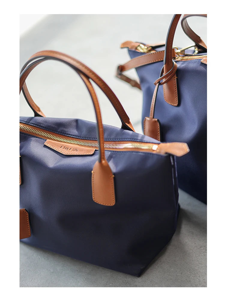 Zipper Tote Bags For Women Nylon With Real Leather Handbag High Quality Single Shoulder Bag