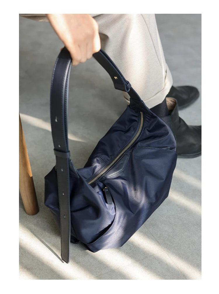 Lightweight Nylon Matching Genuine Leather Crossbody Bag High Quality Single Shoulder Bags Fashion Pleated Messenger Purses
