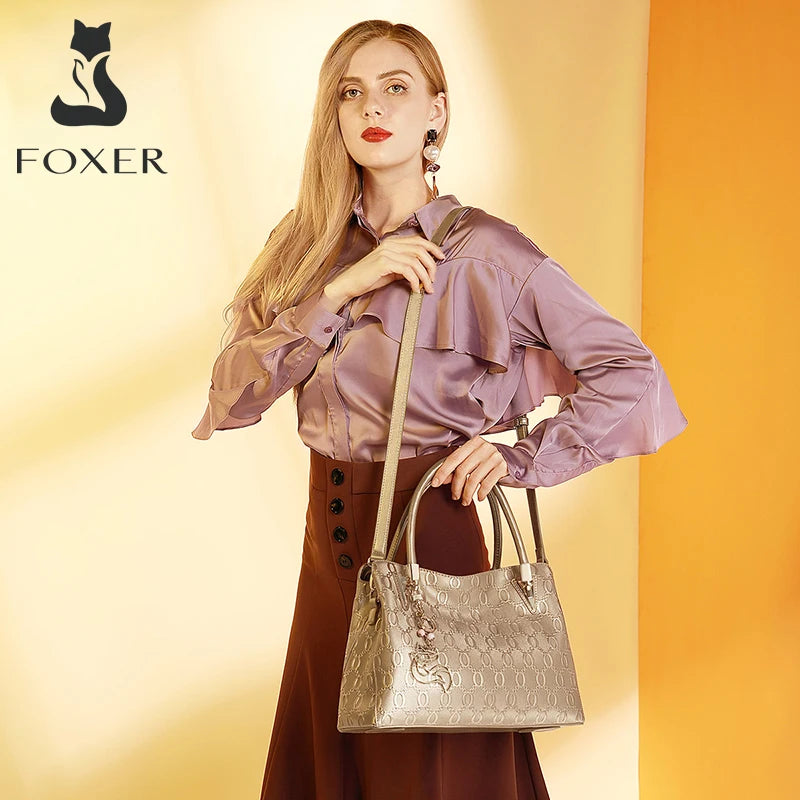 FOXER Brand Cowhide Leather Women's Shoulder Bag Female Split Leather Handbag Fashion Lady Tote Large Capacity Top Handle Bag