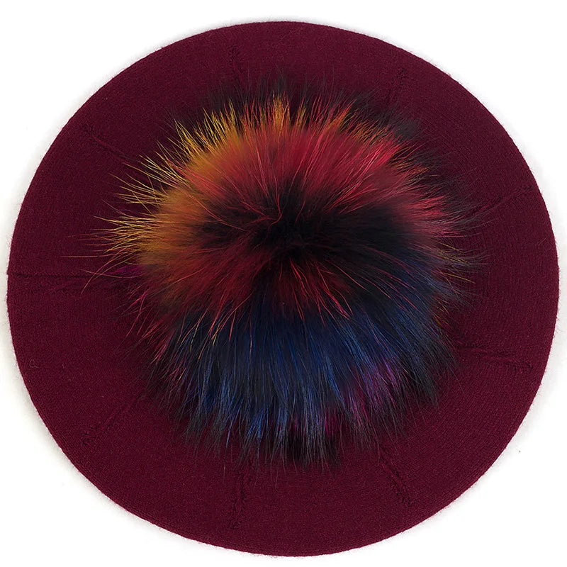 Women's Knit Beret with Oversized Pom Pom | Geebro