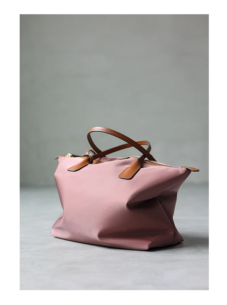 Zipper Tote Bags For Women Nylon With Real Leather Handbag High Quality Single Shoulder Bag