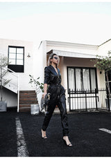 Black Faux Leather Cargo Jumpsuit - Luxury Long Sleeve Zip-Up Romper