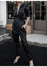 Black Faux Leather Cargo Jumpsuit - Luxury Long Sleeve Zip-Up Romper