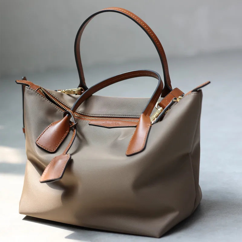Zipper Tote Bags For Women Nylon With Real Leather Handbag High Quality Single Shoulder Bag