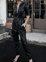 Black Faux Leather Cargo Jumpsuit - Luxury Long Sleeve Zip-Up Romper