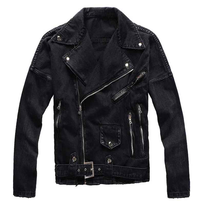 Men's Black Biker Slim Fit Denim Jacket with Belt - Streetwear Moto Style