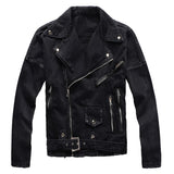 Men's Black Biker Slim Fit Denim Jacket with Belt - Streetwear Moto Style