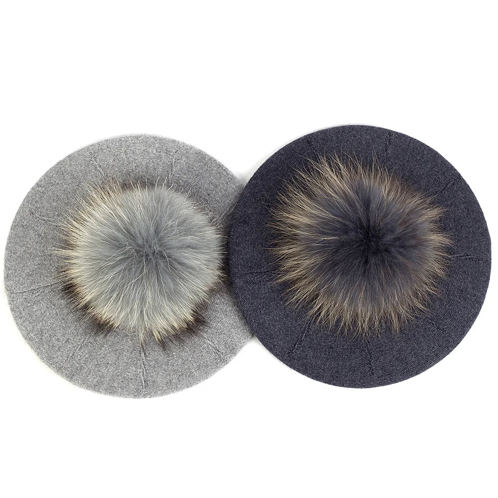 Women's Knit Beret with Oversized Pom Pom | Geebro
