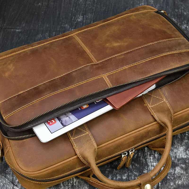 Men Briefcase Genuine Leather Laptop Bag 14 15.6" PC Doctor Lawyer Computer Bag Cowhide Male Briefcase Leather Men Business Bag
