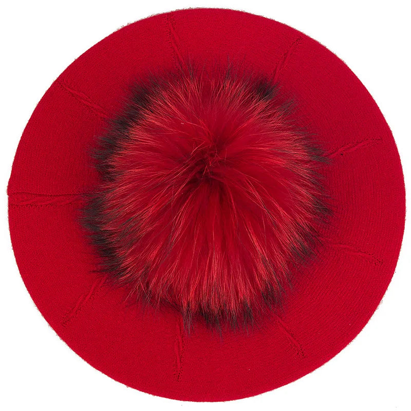 Women's Knit Beret with Oversized Pom Pom | Geebro