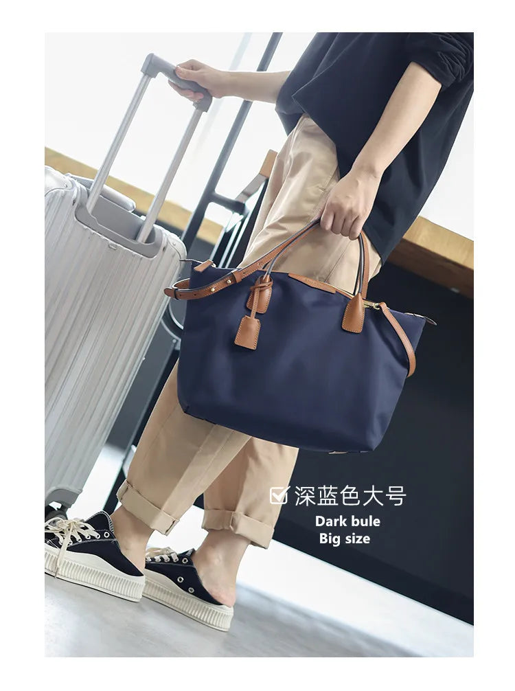 Zipper Tote Bags For Women Nylon With Real Leather Handbag High Quality Single Shoulder Bag