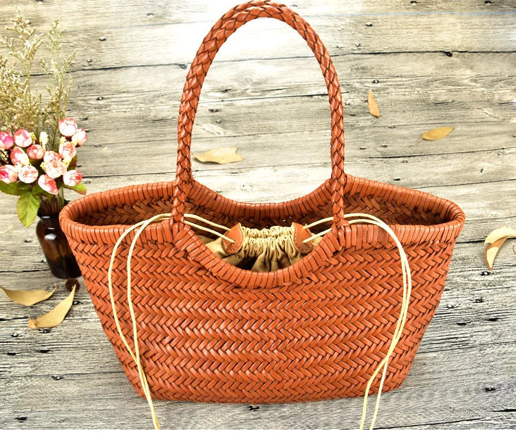 Hand Knitted Designer Genuine Leather Elegant Handle Female Totes Vintage Women's Handbag Cowskin Lady Large Shoulder Bag