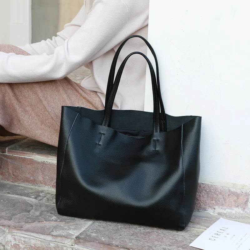 2023 New Women Deluxe Cowhide Genuine Leather Totes Handbag Lady Simple Soft Satchels Bag High Capacity Waterproof Shopping Bags