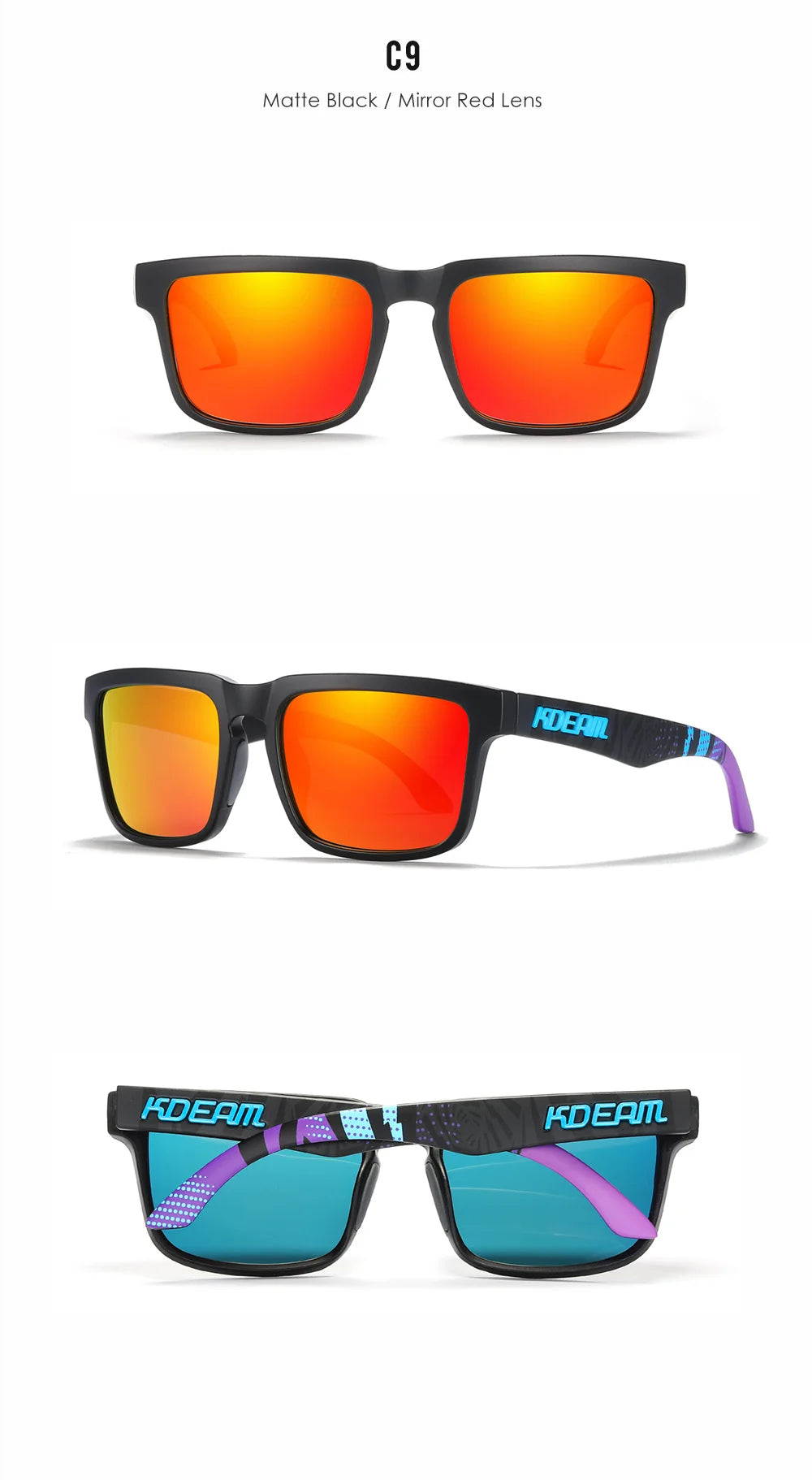 KDEAM All Black Men's Sunglasses Polarized And UV400 Protection Lens Driving Fishing Glasses Mirror With Complete Package