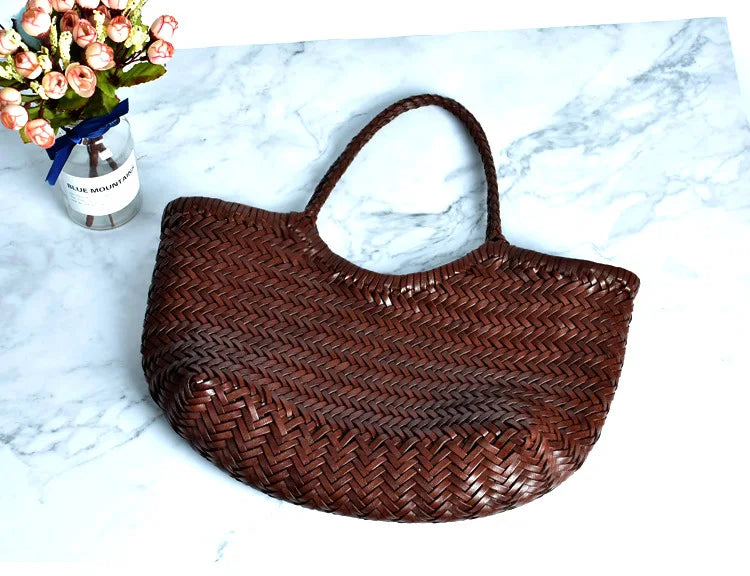 Hand Knitted Designer Genuine Leather Elegant Handle Female Totes Vintage Women's Handbag Cowskin Lady Large Shoulder Bag