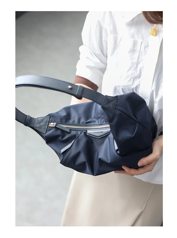 Lightweight Nylon Matching Genuine Leather Crossbody Bag High Quality Single Shoulder Bags Fashion Pleated Messenger Purses