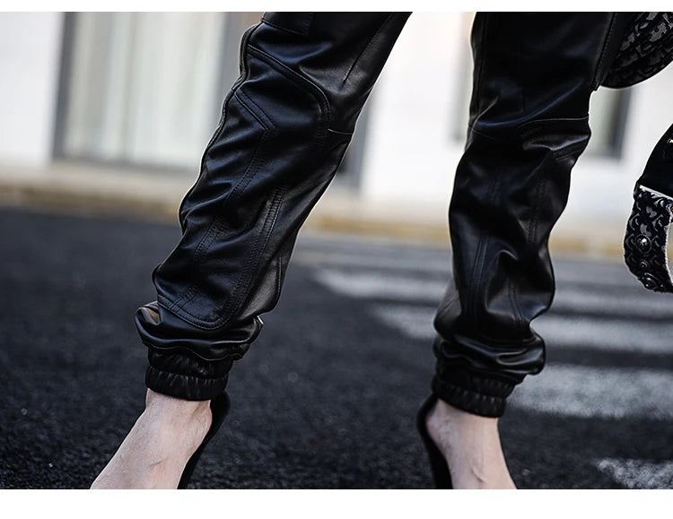 Black Faux Leather Cargo Jumpsuit - Luxury Long Sleeve Zip-Up Romper
