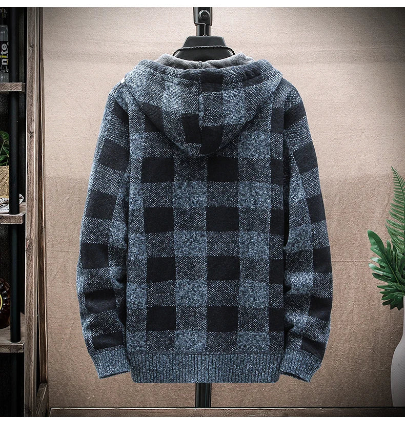 Men’s Winter Plaid Fleece-Lined Hooded Cardigan Jacket