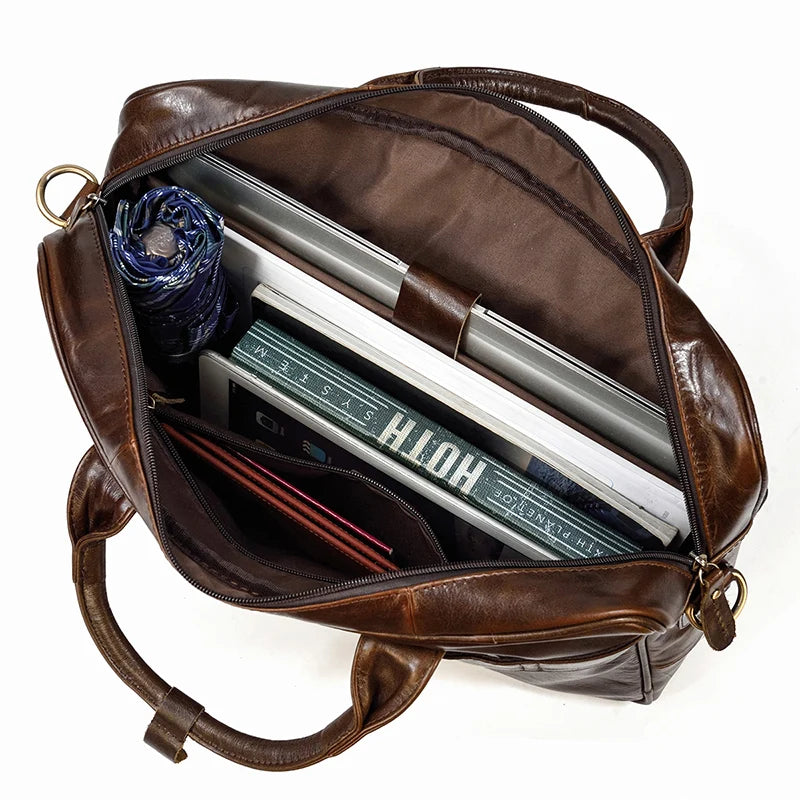 Men Briefcase Genuine Leather Laptop Bag 14 15.6" PC Doctor Lawyer Computer Bag Cowhide Male Briefcase Leather Men Business Bag