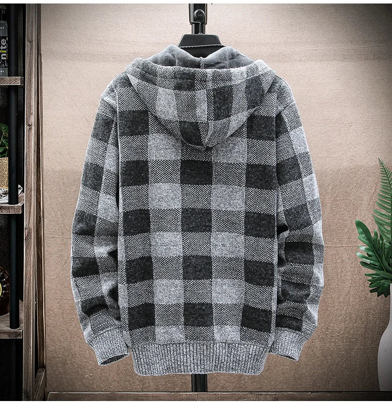Men’s Winter Plaid Fleece-Lined Hooded Cardigan Jacket