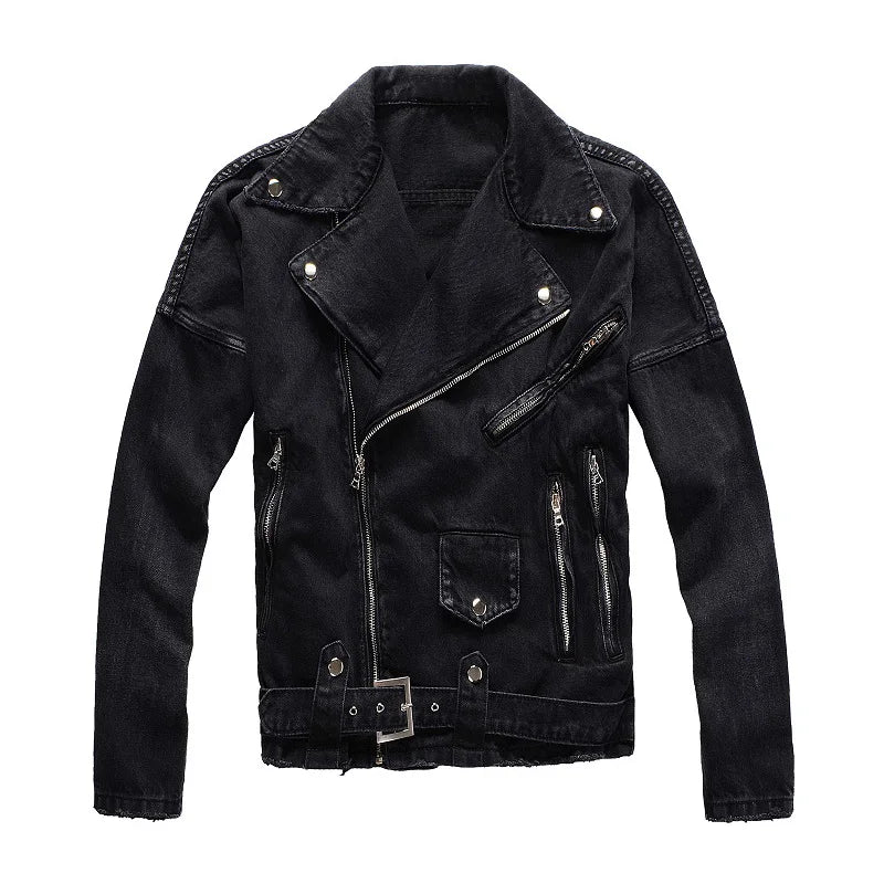 Men's Black Biker Slim Fit Denim Jacket with Belt - Streetwear Moto Style