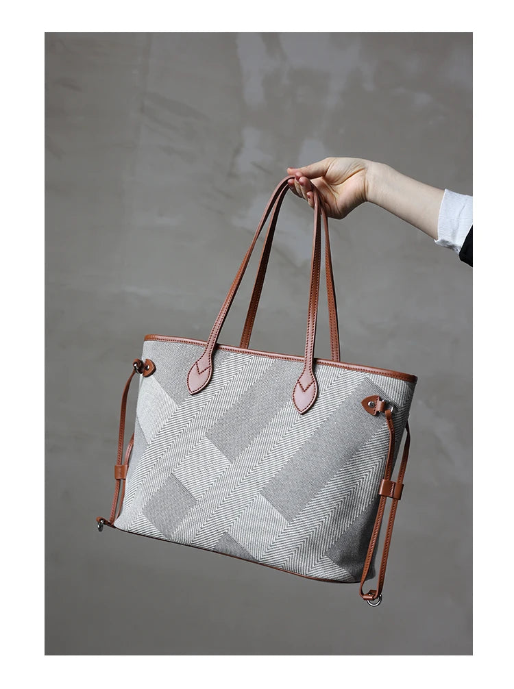 Women's Fashion Shoulder Bag Luxury Designer Handbag Large Capacity Canvas With Genuine Leather Tote For Shopping,Commuting,Work