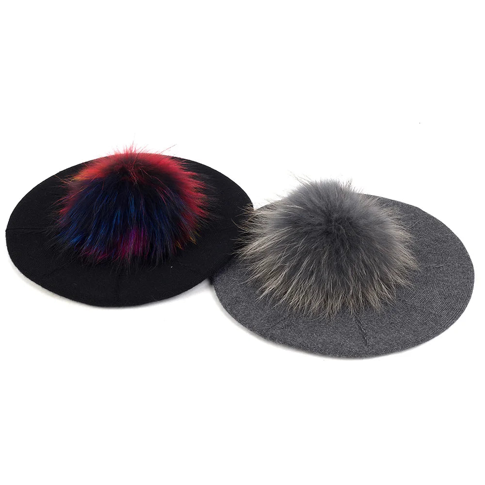 Women's Knit Beret with Oversized Pom Pom | Geebro